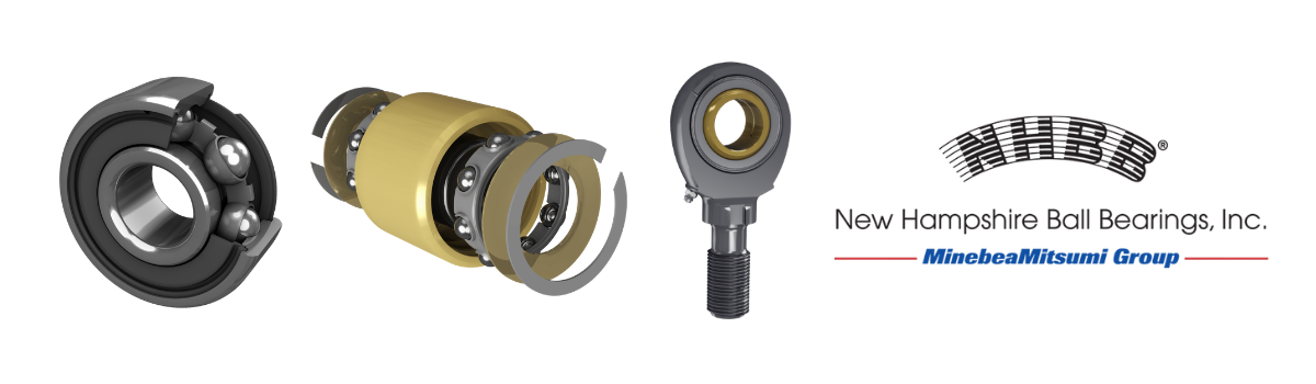 NHBB shielded ball bearing shown in cutaway, exploded precision bearing assembly with gold housing, and a rod end bearing, alongside the New Hampshire Ball Bearings, Inc. MinebeaMitsumi Group logo